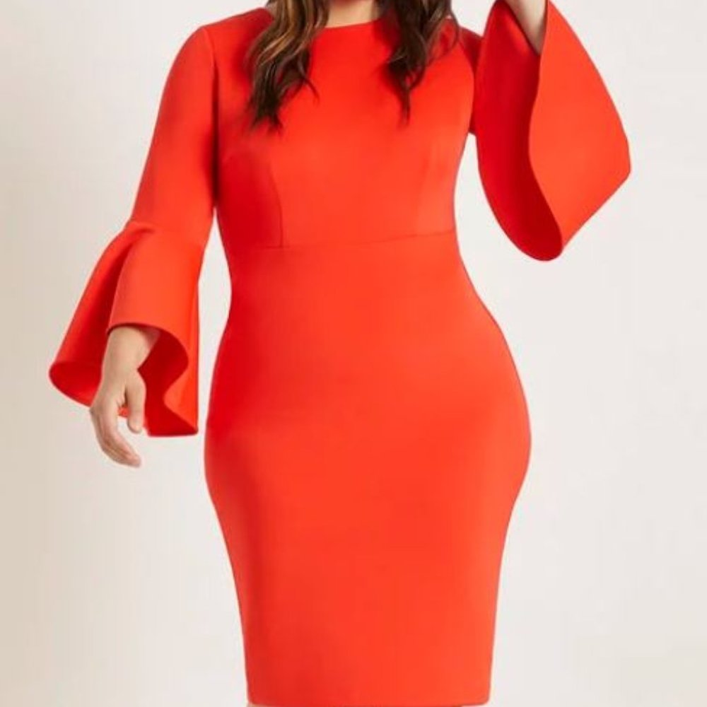 Eloquii Plus Red Flare Sleeve Scuba Dress - Plus Size 14